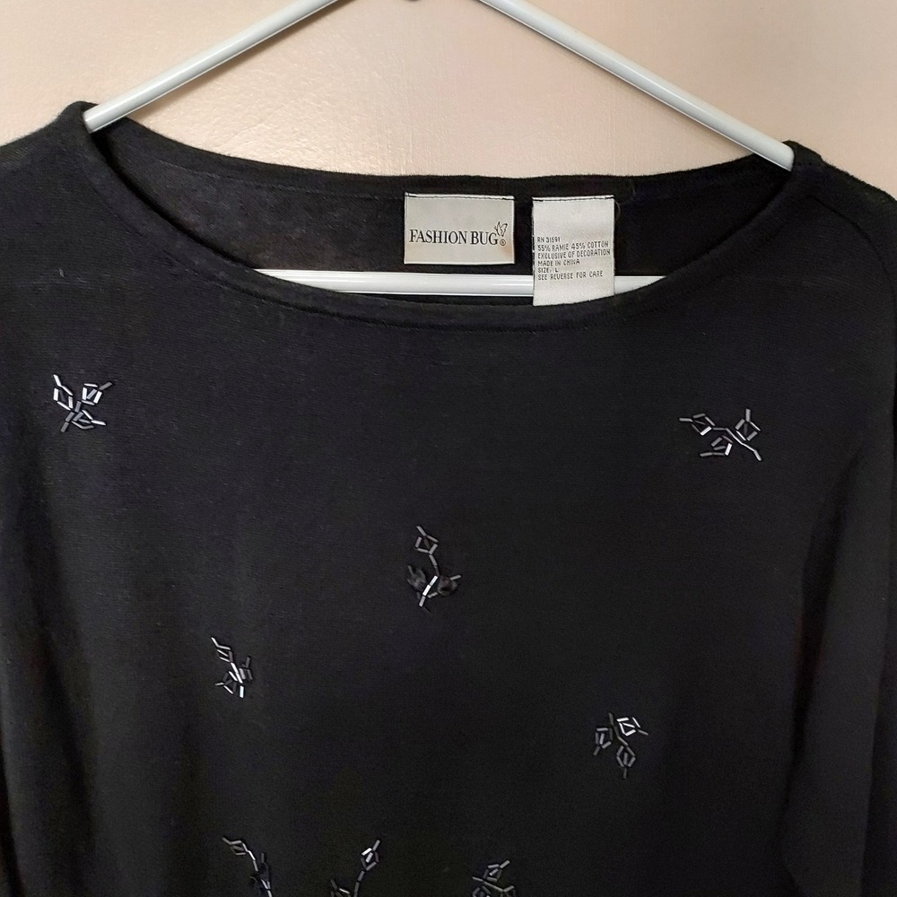 Fashion Bug Women's Black Beaded Embellished Knit Top Lightweight Sweater L